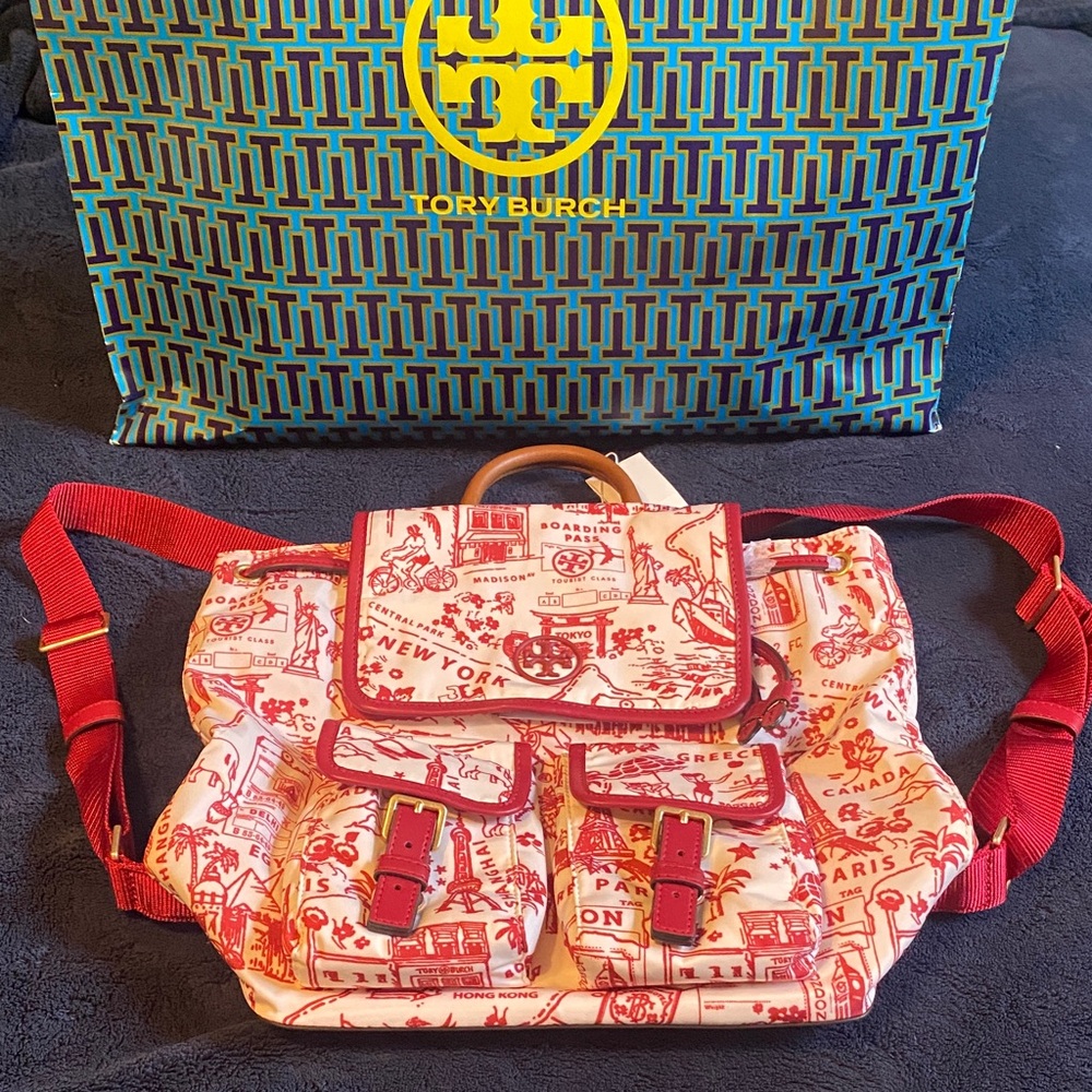Tory Burch Red Destination Flap Backpack